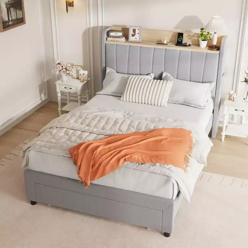 Twin / Queen Upholstered Platform Bed Frame, Storage Headboard w/ Charging Station & Drawers