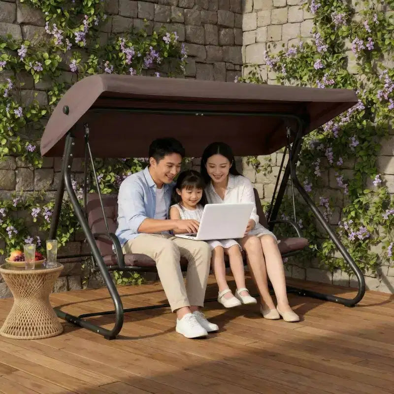 3-Seat Outdoor Convertible Swing Glider, Adjustable Canopy, Removable Cushions, 750 LBS Weight Capacity, Removable Cushions, Heavy-Duty Metal Frame