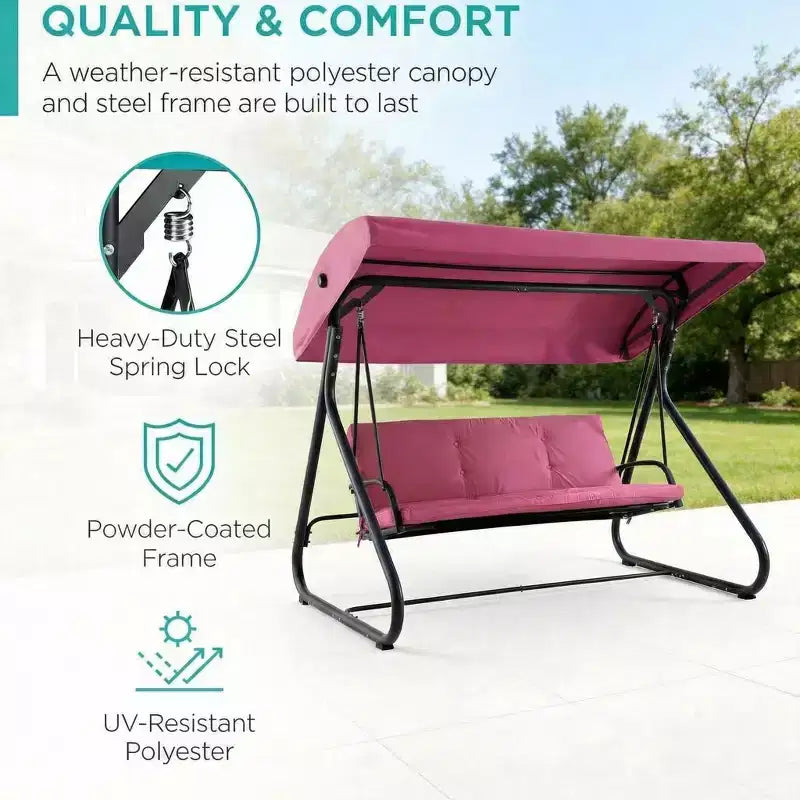 3-Seat Outdoor Convertible Swing Glider, Adjustable Canopy, Removable Cushions, 750 LBS Weight Capacity, Removable Cushions, Heavy-Duty Metal Frame