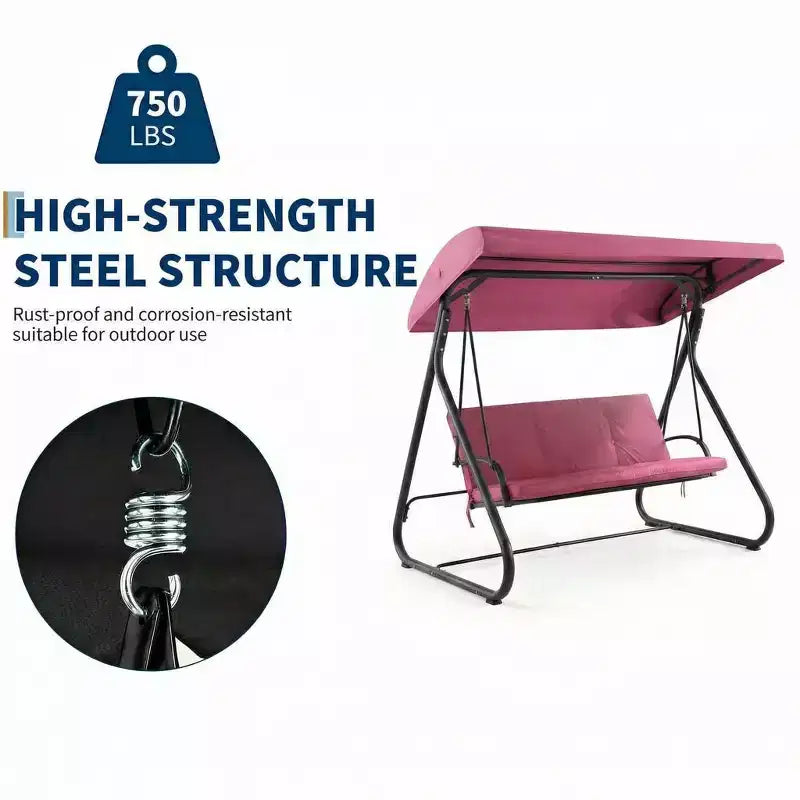3-Seat Outdoor Convertible Swing Glider, Adjustable Canopy, Removable Cushions, 750 LBS Weight Capacity, Removable Cushions, Heavy-Duty Metal Frame
