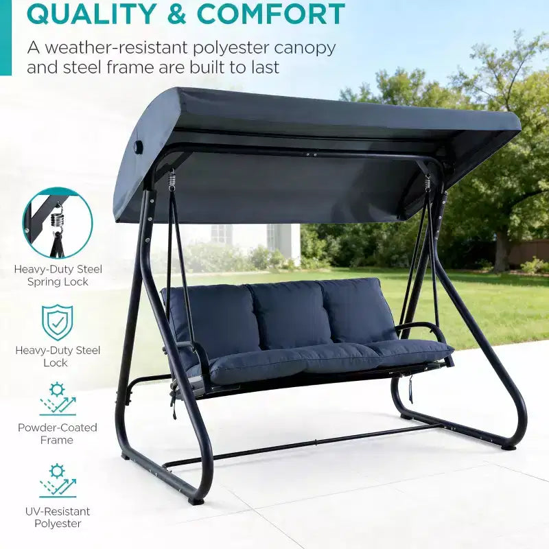 3-Seat Outdoor Convertible Swing Glider, Adjustable Canopy, Removable Cushions, 750 LBS Weight Capacity, Removable Cushions, Heavy-Duty Metal Frame
