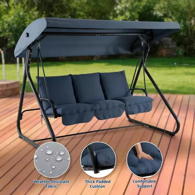 3-Seat Outdoor Convertible Swing Glider, Adjustable Canopy, Removable Cushions, 750 LBS Weight Capacity, Removable Cushions, Heavy-Duty Metal Frame