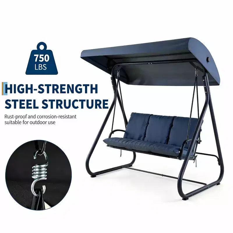 3-Seat Outdoor Convertible Swing Glider, Adjustable Canopy, Removable Cushions, 750 LBS Weight Capacity, Removable Cushions, Heavy-Duty Metal Frame
