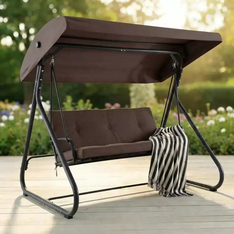 3-Seat Outdoor Convertible Swing Glider, Adjustable Canopy, Removable Cushions, 750 LBS Weight Capacity, Removable Cushions, Heavy-Duty Metal Frame