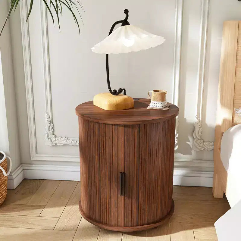 Mid-Century Modern Nightstand with Charging Station Sliding Door Round/Cylinder Walnut Finish (W2700P385517)