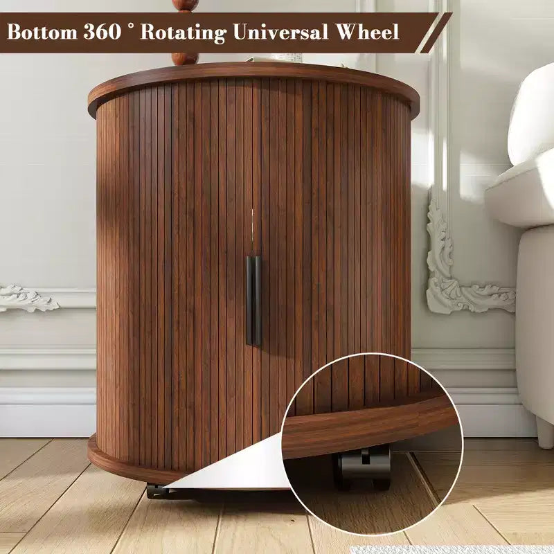 Mid-Century Modern Nightstand with Charging Station Sliding Door Round/Cylinder Walnut Finish (W2700P385517)