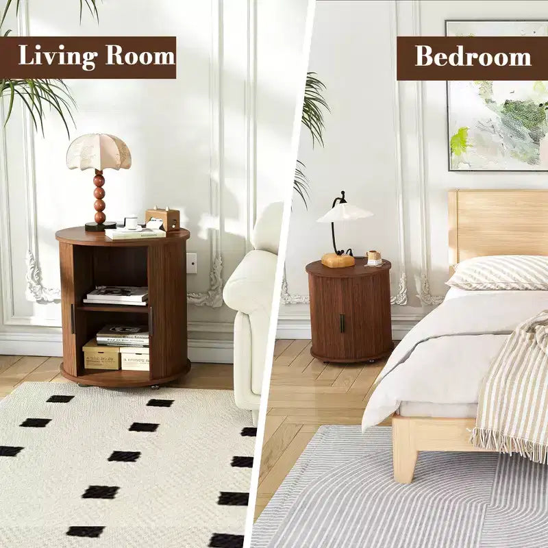 Mid-Century Modern Nightstand with Charging Station Sliding Door Round/Cylinder Walnut Finish (W2700P385517)