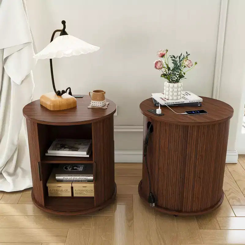 Mid-Century Modern Nightstand with Charging Station Sliding Door Round/Cylinder Walnut Finish (W2700P385517)