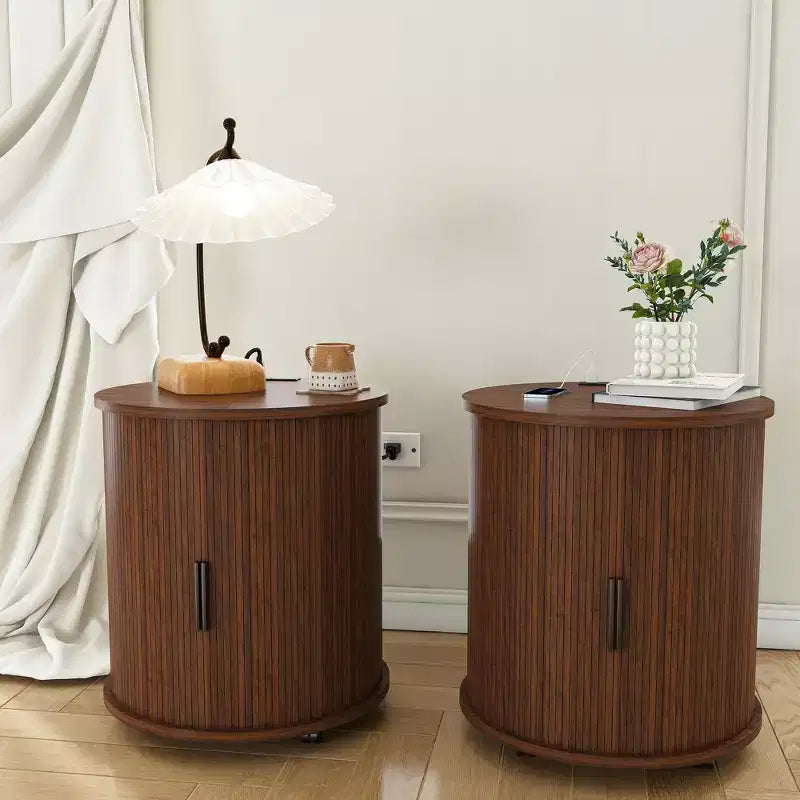 Mid-Century Modern Nightstand with Charging Station Sliding Door Round/Cylinder Walnut Finish (W2700P385517)