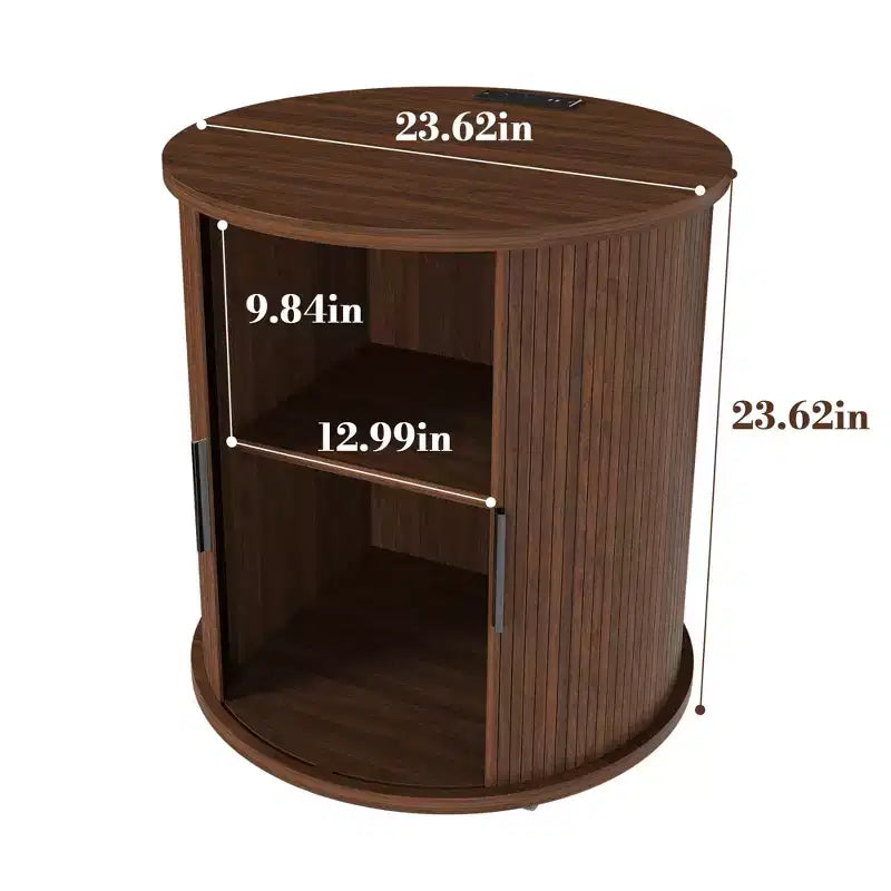 Mid-Century Modern Nightstand with Charging Station Sliding Door Round/Cylinder Walnut Finish (W2700P385517)