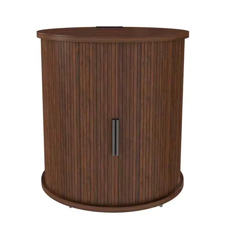 Mid-Century Modern Nightstand with Charging Station Sliding Door Round/Cylinder Walnut Finish (W2700P385517)