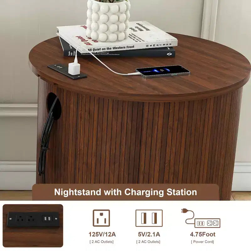 Mid-Century Modern Nightstand with Charging Station Sliding Door Round/Cylinder Walnut Finish (W2700P385517)