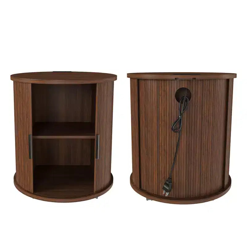Mid-Century Modern Nightstand with Charging Station Sliding Door Round/Cylinder Walnut Finish (W2700P385517)