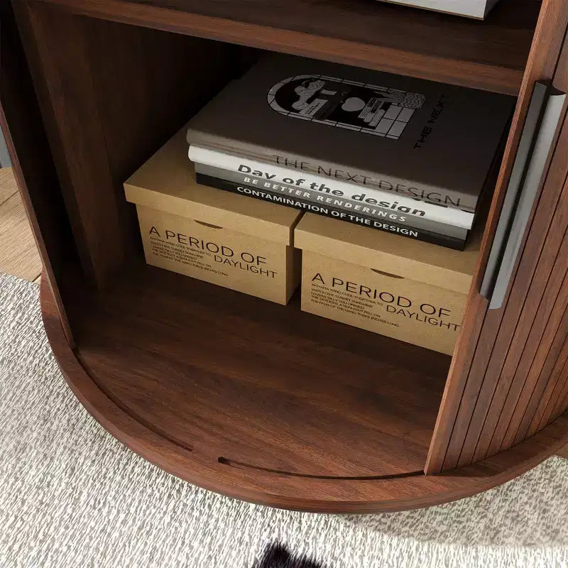 Mid-Century Modern Nightstand with Charging Station Sliding Door Round/Cylinder Walnut Finish (W2700P385517)