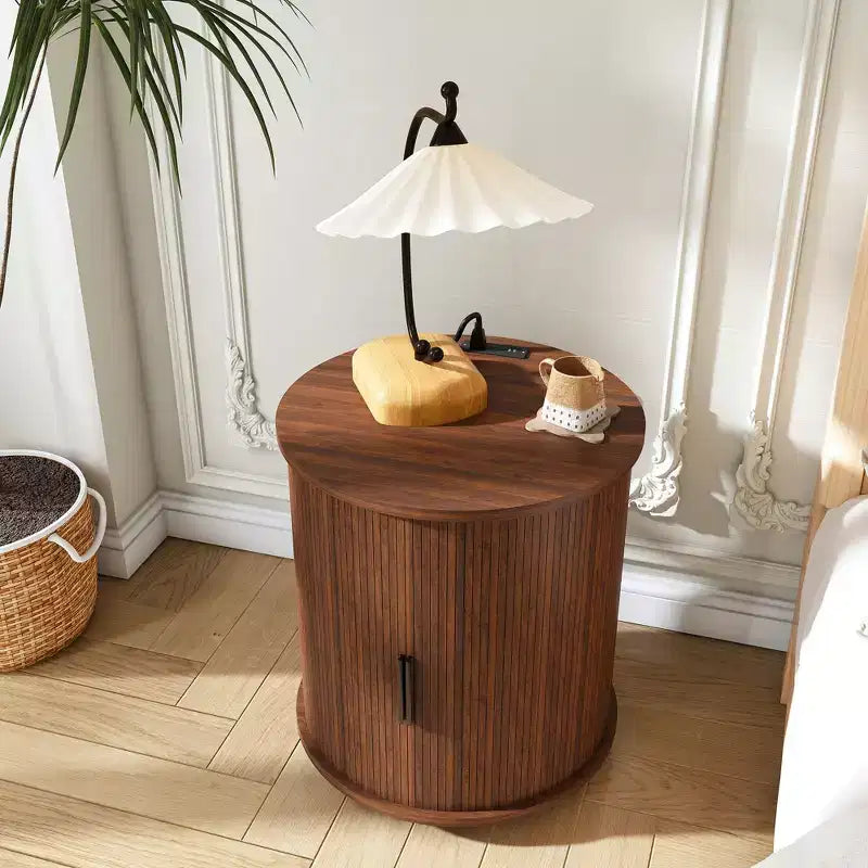 Mid-Century Modern Nightstand with Charging Station Sliding Door Round/Cylinder Walnut Finish (W2700P385517)