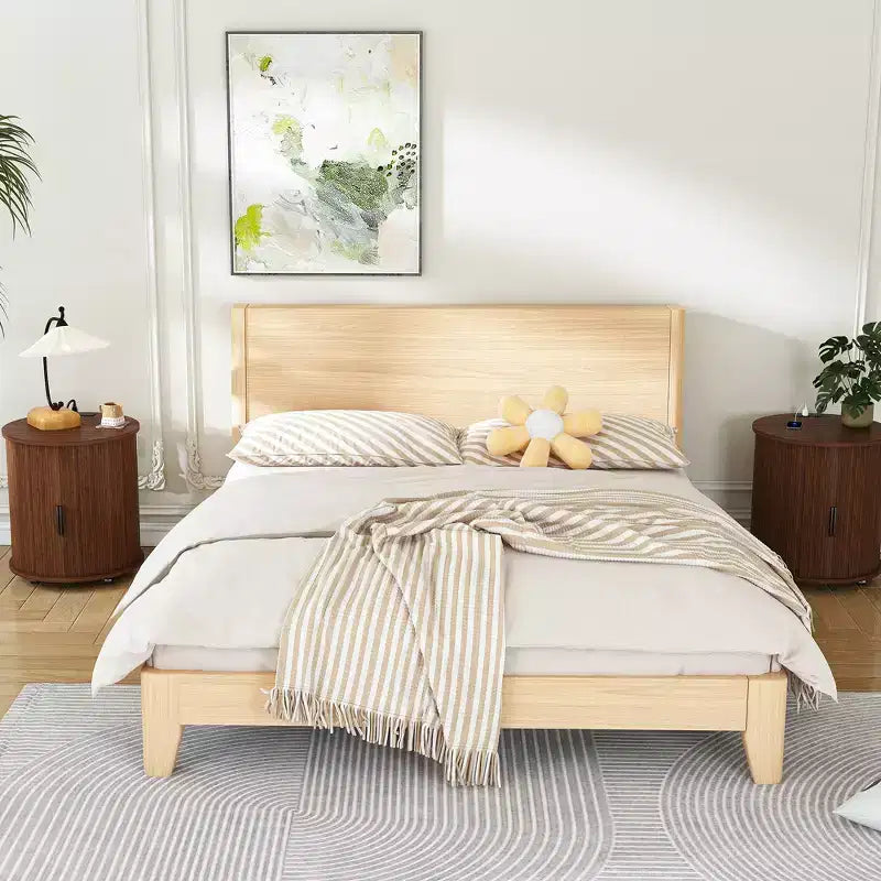 Mid-Century Modern Nightstand with Charging Station Sliding Door Round/Cylinder Walnut Finish (W2700P385517)