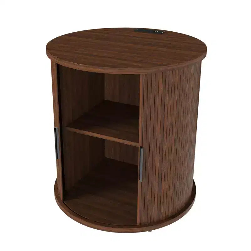 Mid-Century Modern Nightstand with Charging Station Sliding Door Round/Cylinder Walnut Finish (W2700P385517)