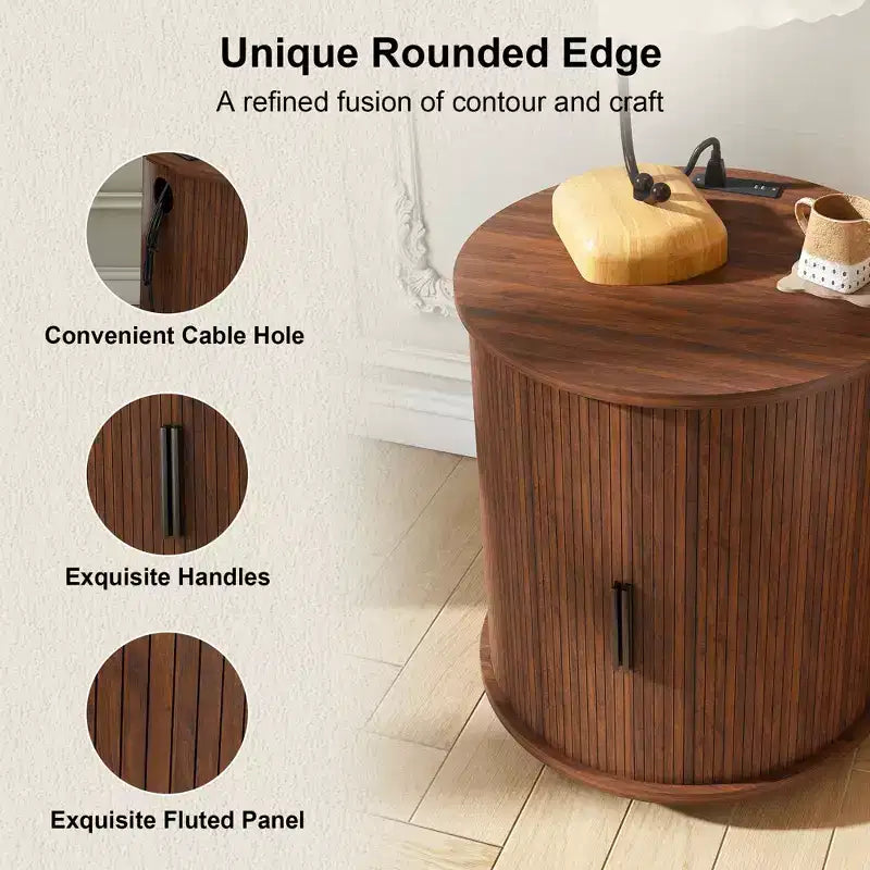 Mid-Century Modern Nightstand with Charging Station Sliding Door Round/Cylinder Walnut Finish (W2700P385517)
