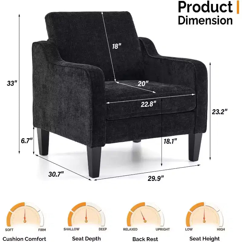 Living Room Chairs , Black Accent Chair 5.5 Thick Seat Cushion Comfy Chair Soft Chenille Side Chair Upholstered Arm Chair