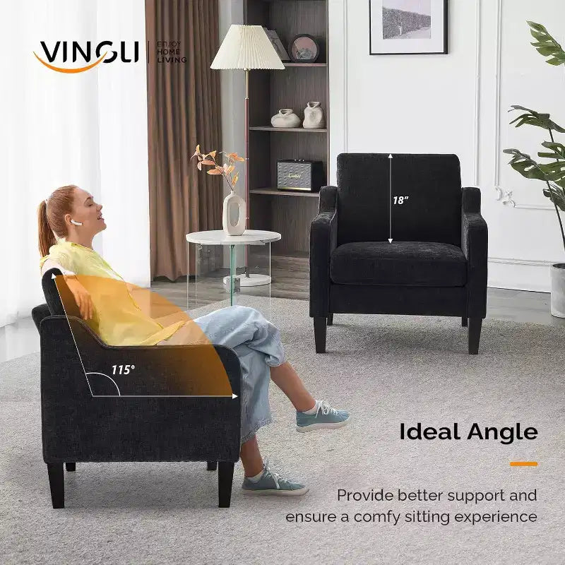 Living Room Chairs , Black Accent Chair 5.5 Thick Seat Cushion Comfy Chair Soft Chenille Side Chair Upholstered Arm Chair
