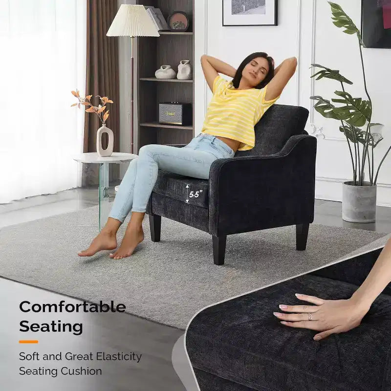 Living Room Chairs , Black Accent Chair 5.5 Thick Seat Cushion Comfy Chair Soft Chenille Side Chair Upholstered Arm Chair