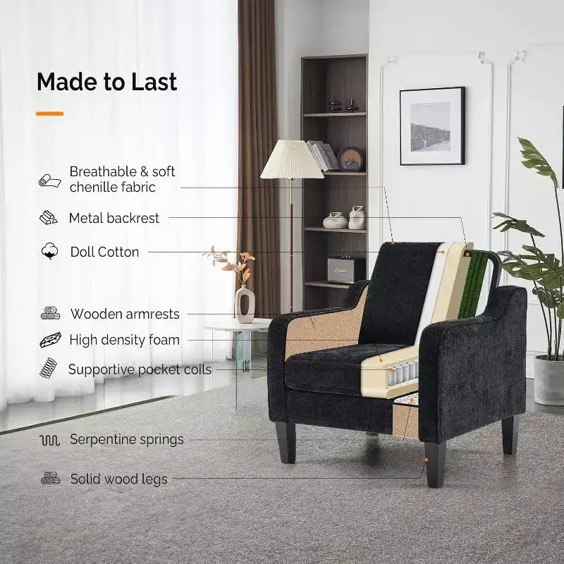 Living Room Chairs , Black Accent Chair 5.5 Thick Seat Cushion Comfy Chair Soft Chenille Side Chair Upholstered Arm Chair