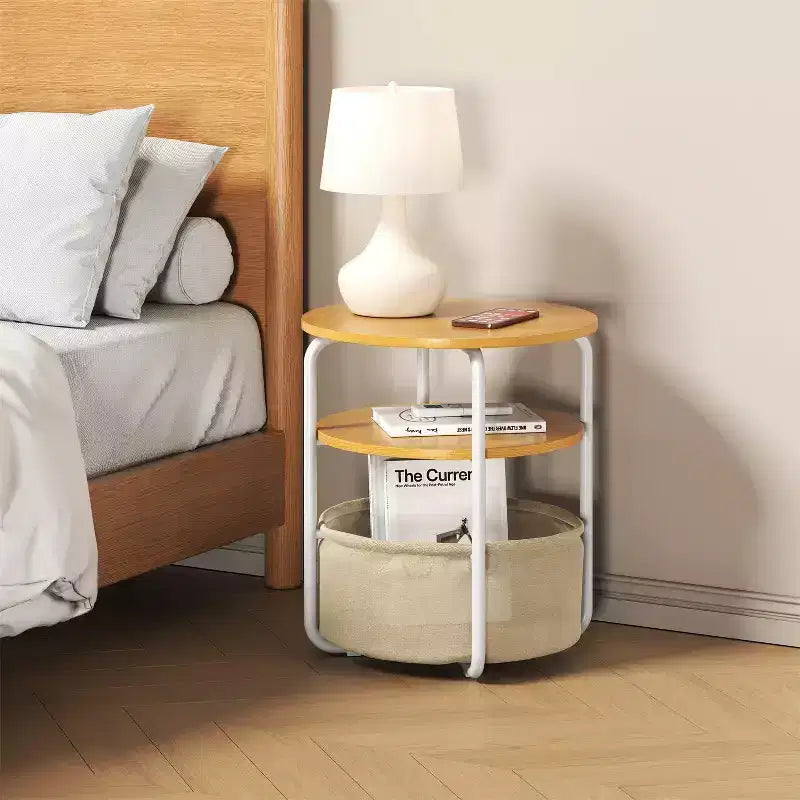 3-Tier Round Side Table with Storage Basket, 23.6 H Small Accent End Table Nightstand for Living Room Bedroom Corner