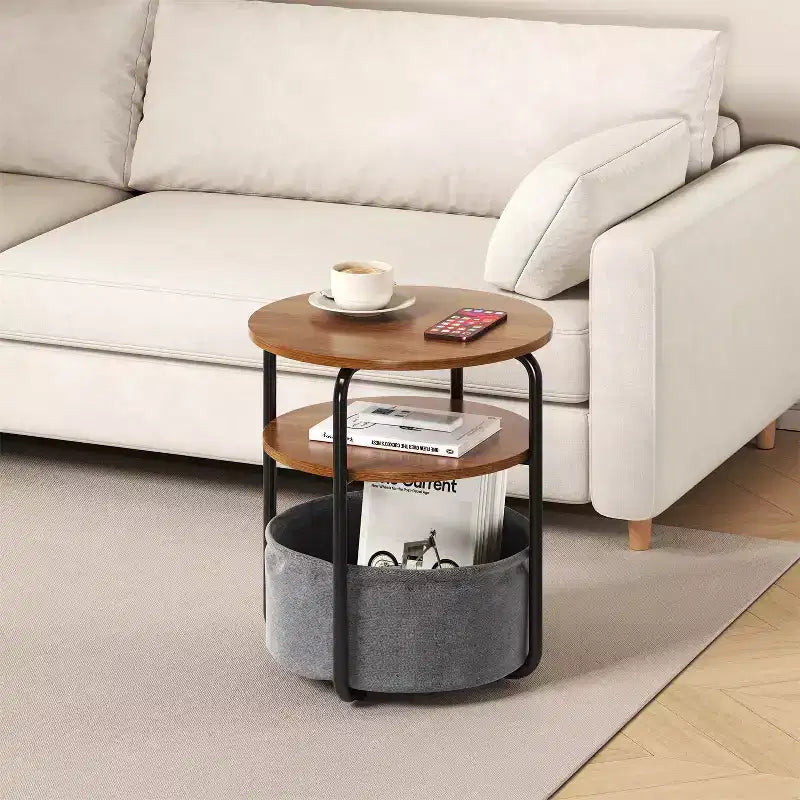 3-Tier Round Side Table with Storage Basket, 23.6 H Small Accent End Table Nightstand for Living Room Bedroom Corner
