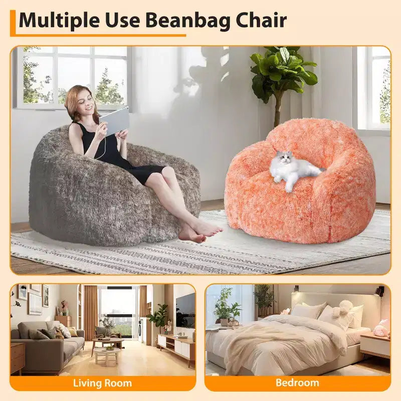 Soft faux fur beanbag with armrests Lounge chair with foam filling, comfortable for bedroom, living room, reading & gaming