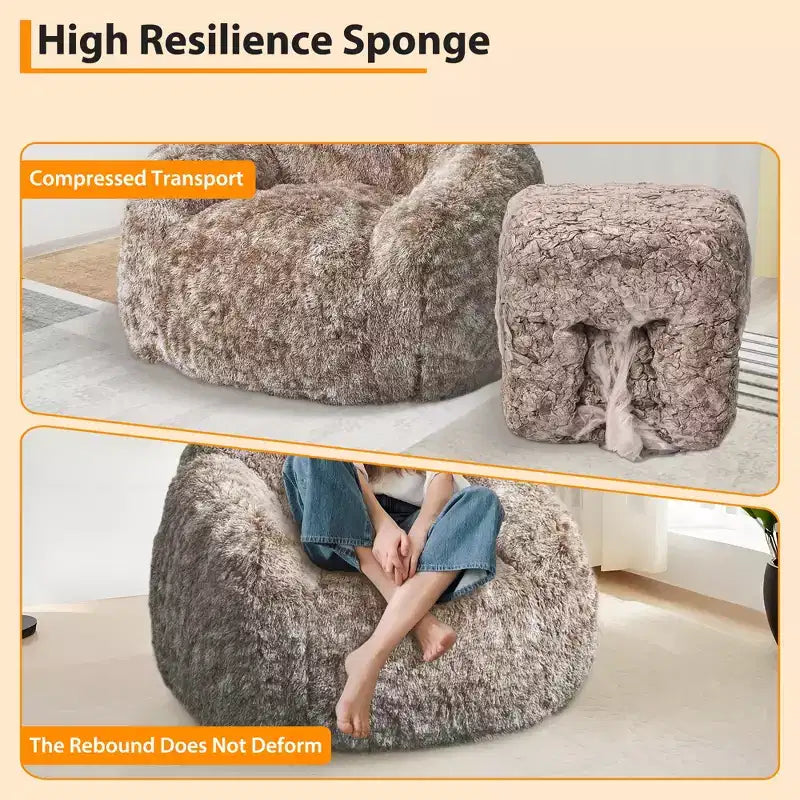 Soft faux fur beanbag with armrests Lounge chair with foam filling, comfortable for bedroom, living room, reading & gaming