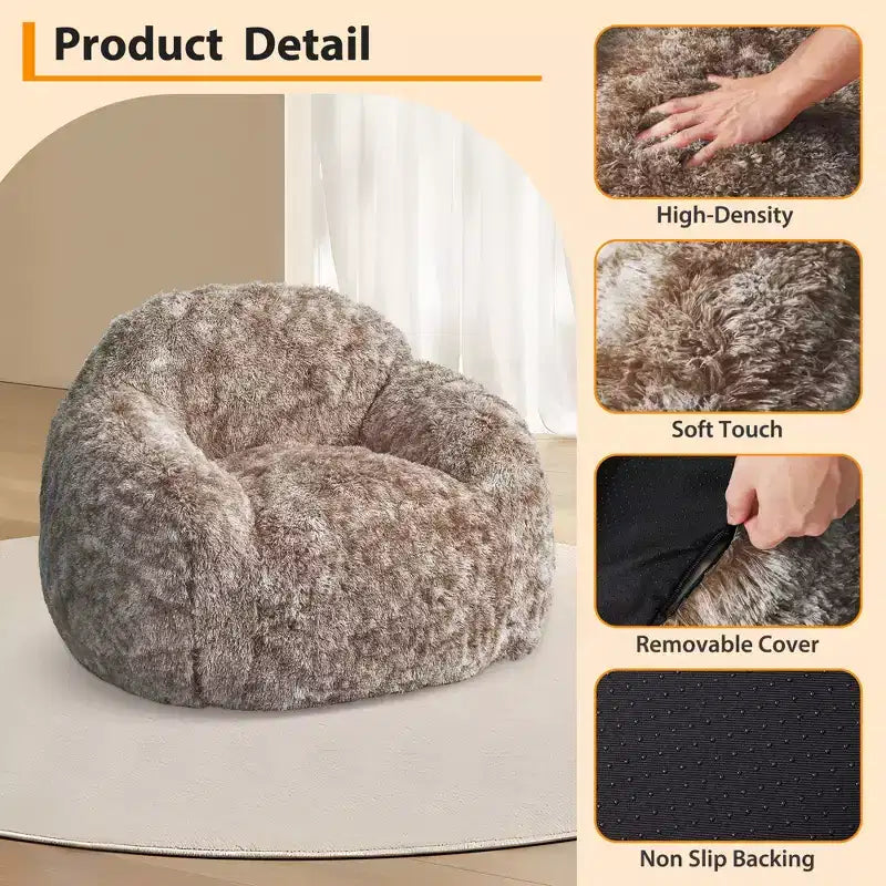 Soft faux fur beanbag with armrests Lounge chair with foam filling, comfortable for bedroom, living room, reading & gaming