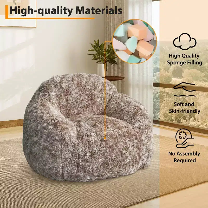 Soft faux fur beanbag with armrests Lounge chair with foam filling, comfortable for bedroom, living room, reading & gaming