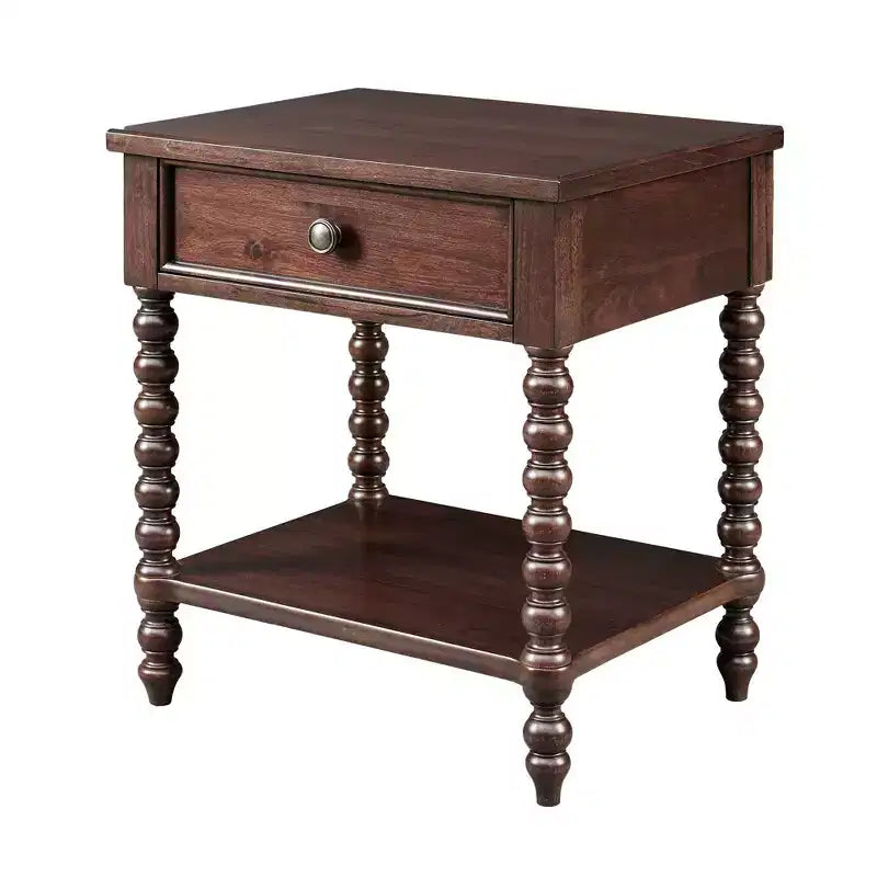 Beckett Nightstand Morocco Brown: Bedside Table with Drawer, Modern Rubberwood Veneer