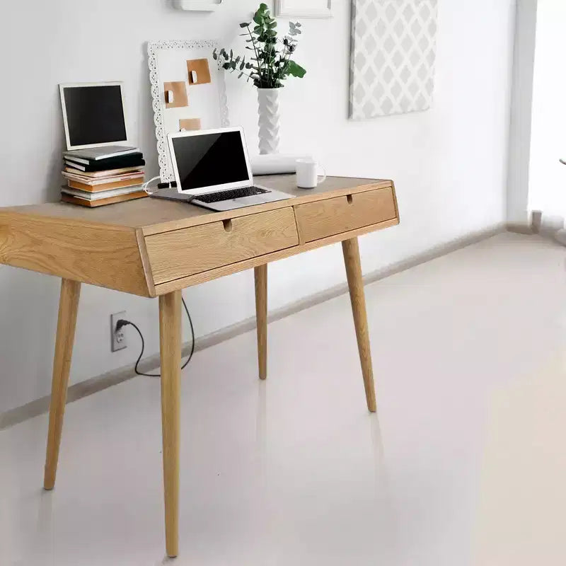 Desk with USB Ports Natural Oak - : Pine Wood Construction, 40" Width, Integrated Drawers