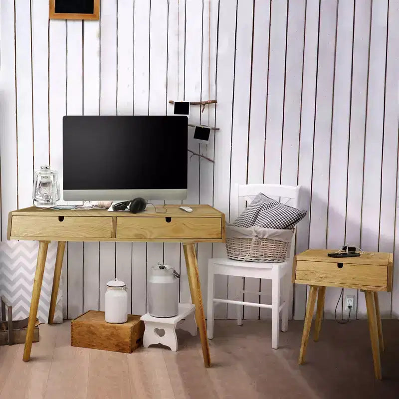 Desk with USB Ports Natural Oak - : Pine Wood Construction, 40" Width, Integrated Drawers
